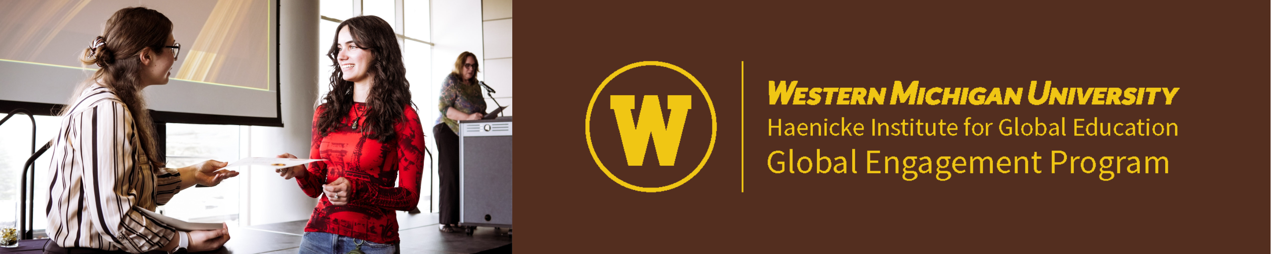 Decorative: Global Engagement Program. Logo. Photo of student getting award.