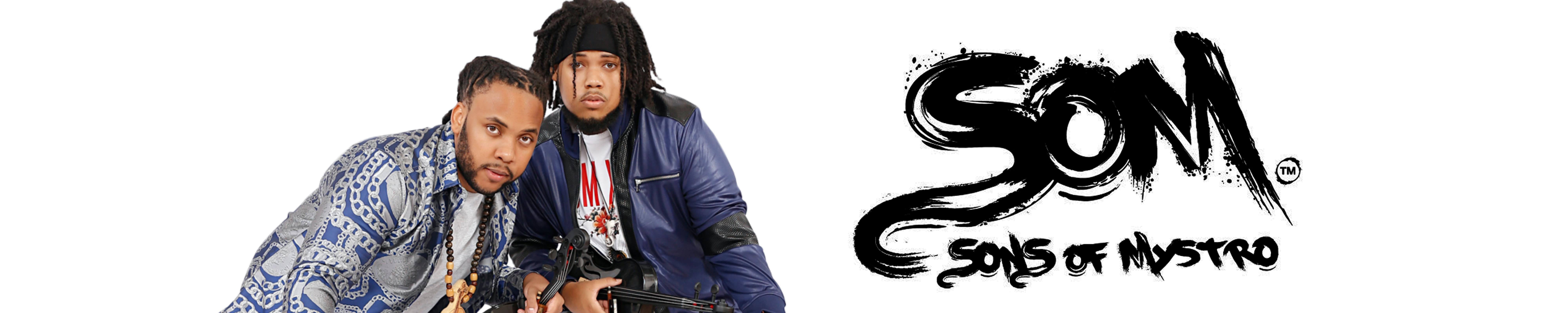Two black musicians holding violins with Son of Mystro logo to the right of them.
