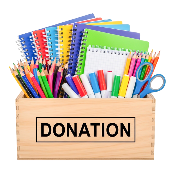 A box of schools supplies and the box says Donations.