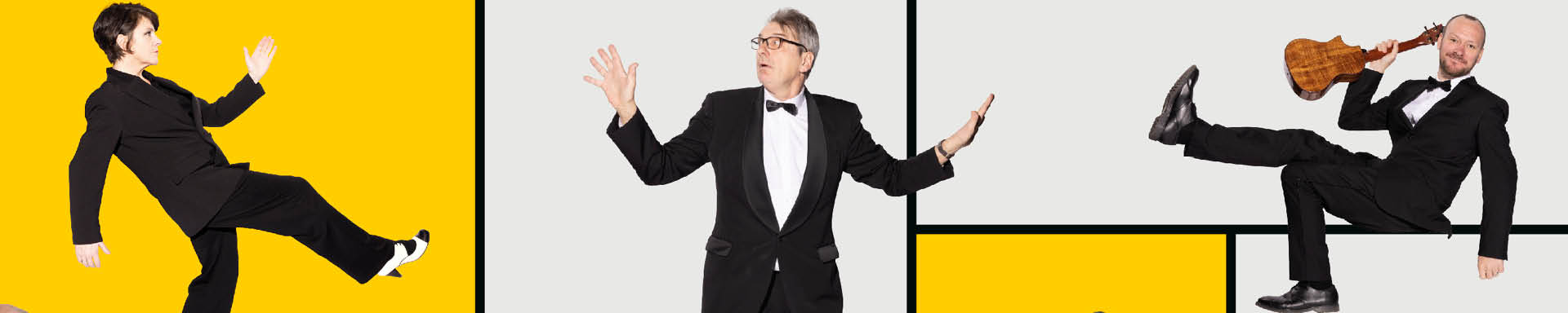 A women in a black tux kicking her foot in the air, a man in a tux looking surprised and another man in a tux holding a violin on a bright yellow and grey checkered background.