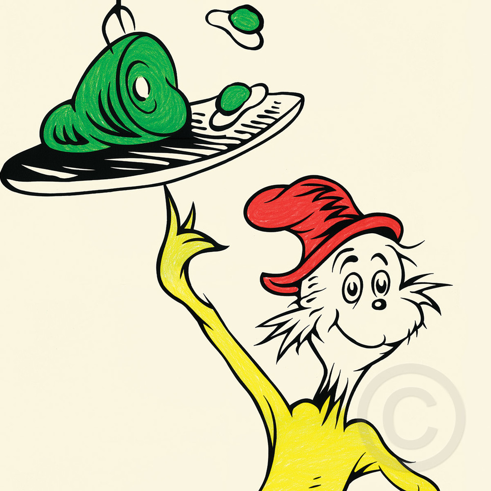 Dr. Seuss' Sam I Am holding up green eggs and ham.
