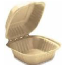 Clamshell food container made out of recycled materials.