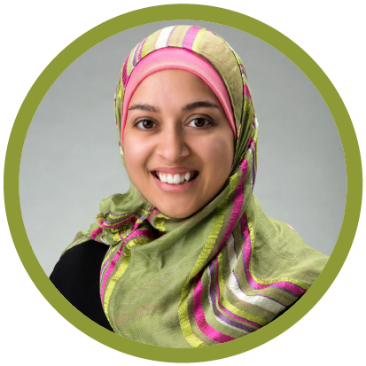 Sarah Husain is wearing a pink and green headscarf.