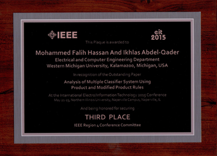 a photo of the third place award plaque that Mohammed Hassan won at the 2015 IEEE International Conference on Electro/Information Technology.
