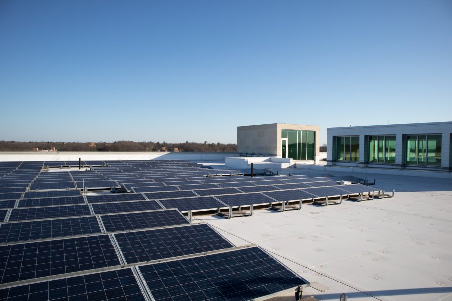 Rooftop of Sangren Hall which contains solar panels.
