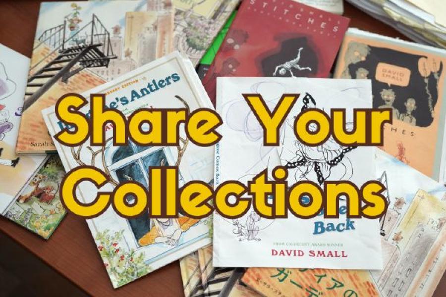 Samples of books, magazines and other materials with the text Share Your Collections.