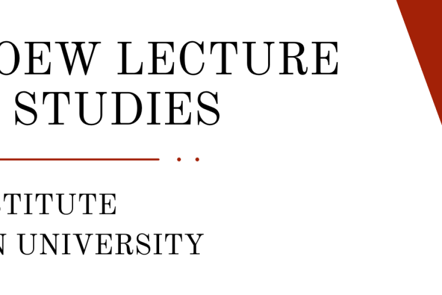 Text on a white background next to a wide diagonal red stripe, on the other side is a picture of a man's face; the text reads "The Cornelius Loew Lecture in Medieval Studies, Medieval Institute, Western Michigan University"