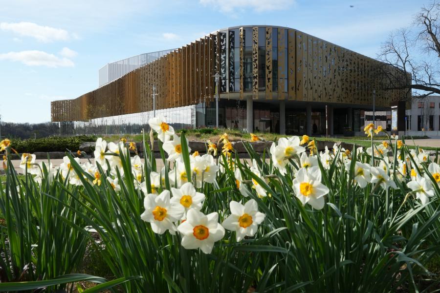 Outside of student center with spring flowers