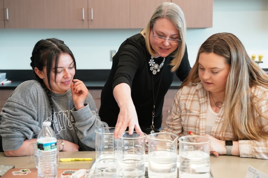 A chemistry professor instructing two students during a project-based activity. 