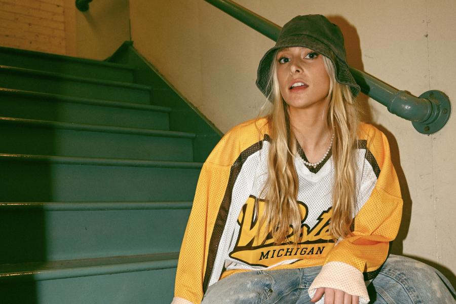 Female model in hockey jersey