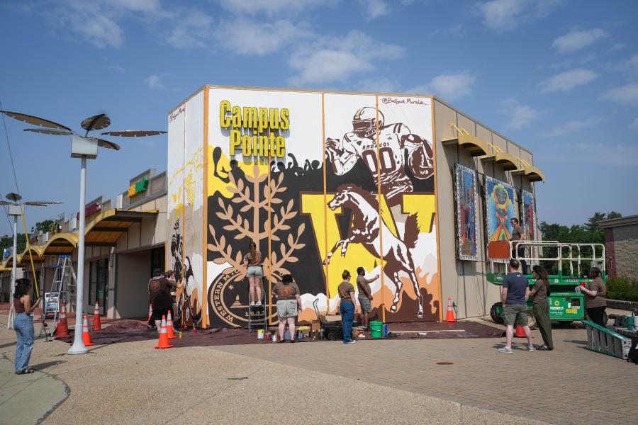 A wide photo of a mural in progress.