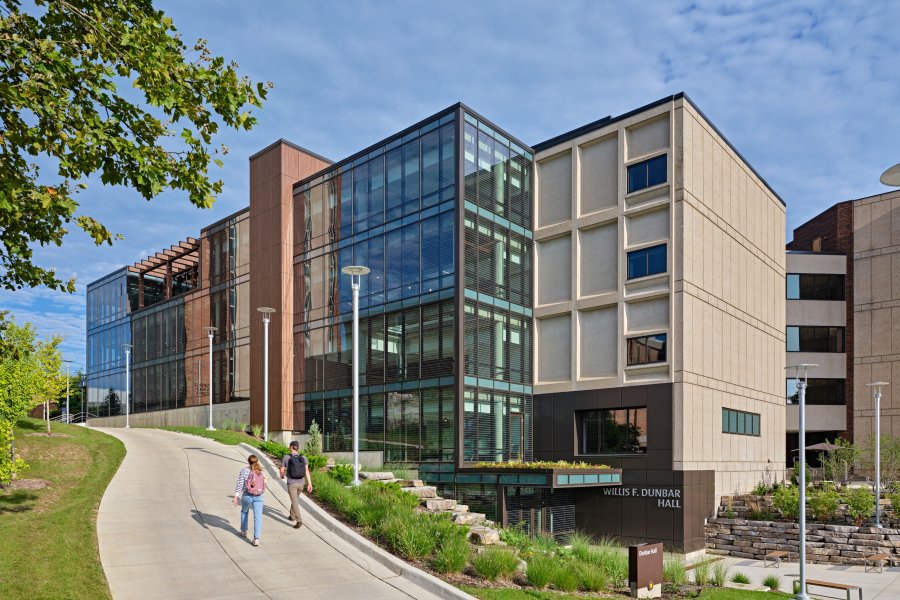 Students walking outside Dunbar Hall.
