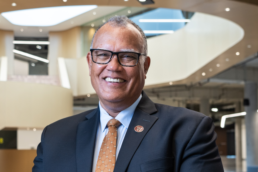 A portrait of President Edward Montgomery inside the WMU Student Center.