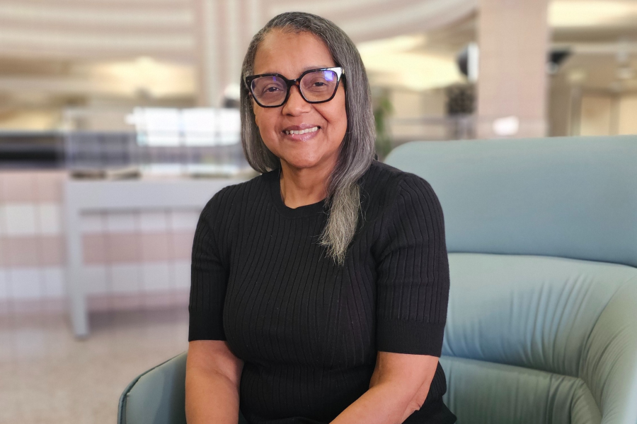 Jean Douglas, manager, User Services, poses in Waldo Library.
