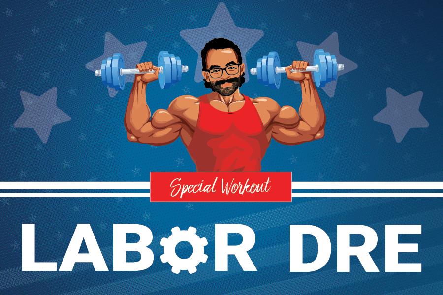 Caricature Dre Ballines Fitness Director lifting dumb bells over his head