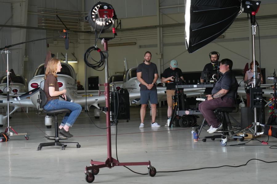 Writer, Erin interviewing Liala during a filming of a commercial.