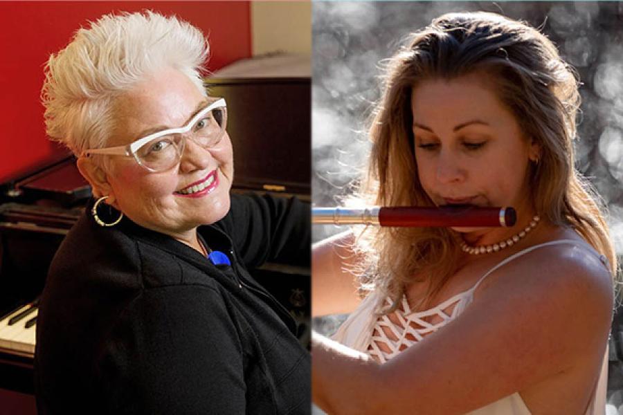 A photo of a smiling woman sitting at a piano. A photo of a woman playing the flute.