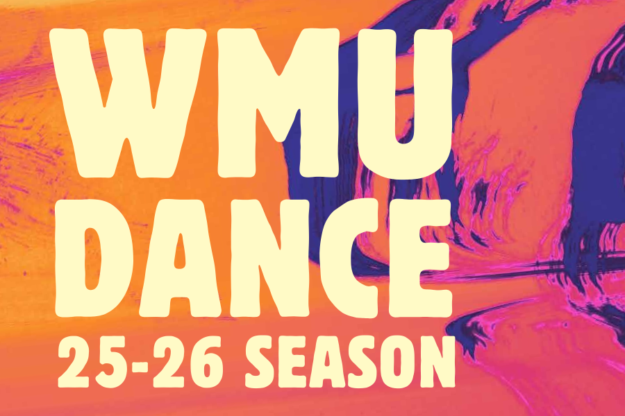 Text that reads "WMU Dance 25-26 Season" with a orange and purple swirled graphic background. 