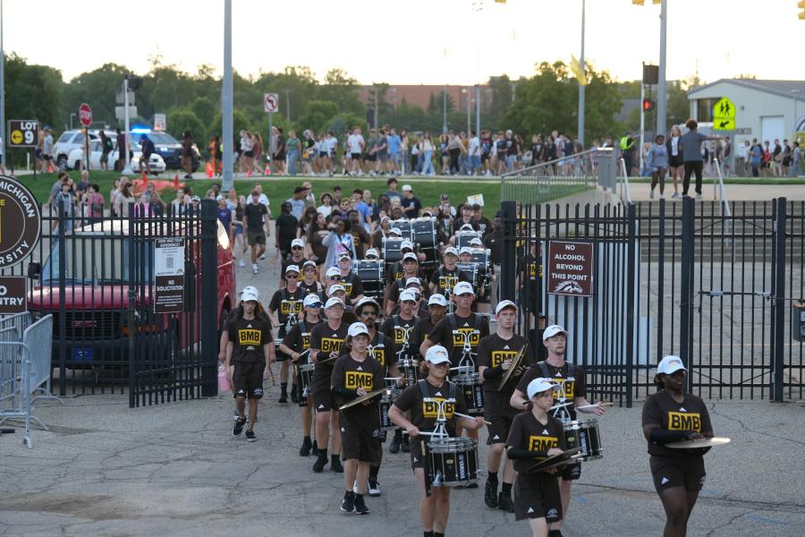 The band walks into Waldo Stadium.