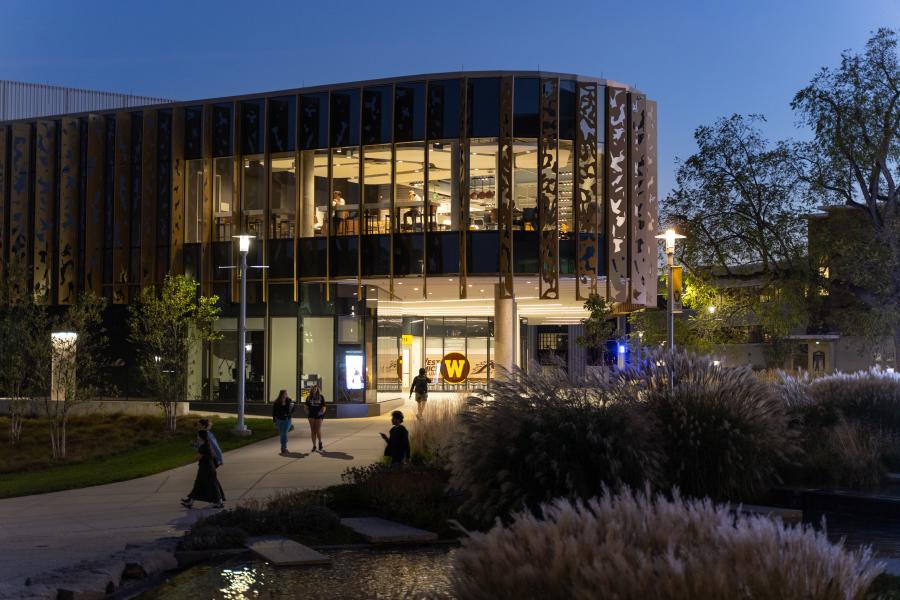 The student center lit up at night