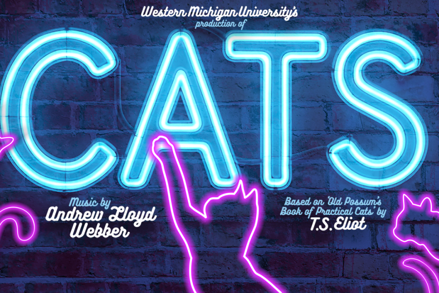 Blue Neon text says CATS with pink neon cats outlines.