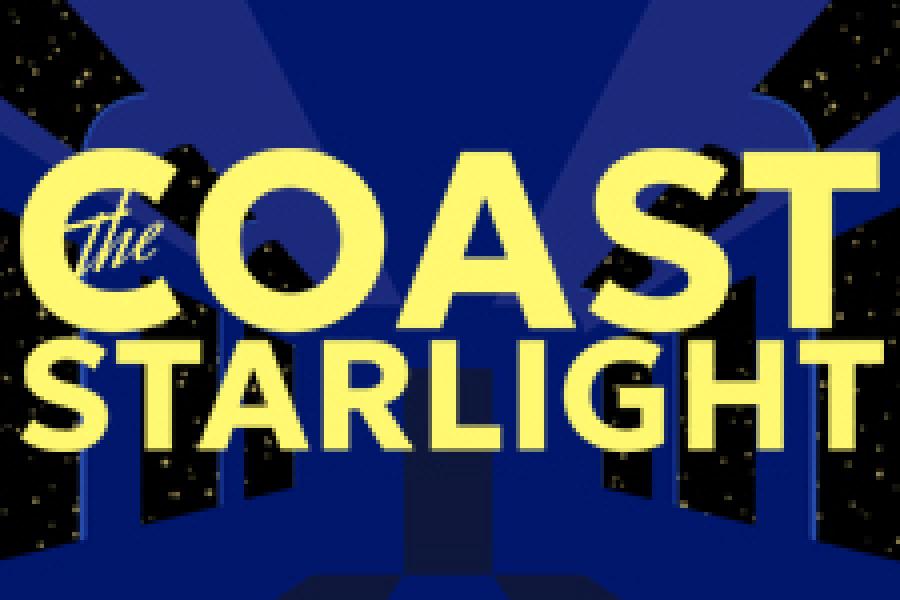 Text of THE COAST STARLIGHT in yellow and a blue train setting background.