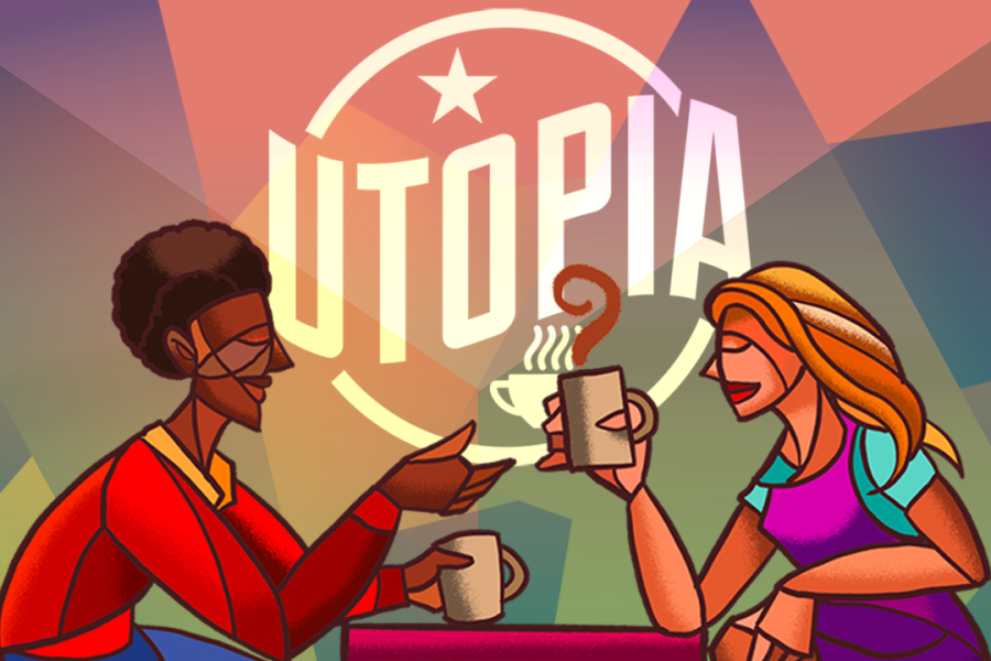 Colorful graphic of two people having coffe at a table with the title UTOPIA behind them.
