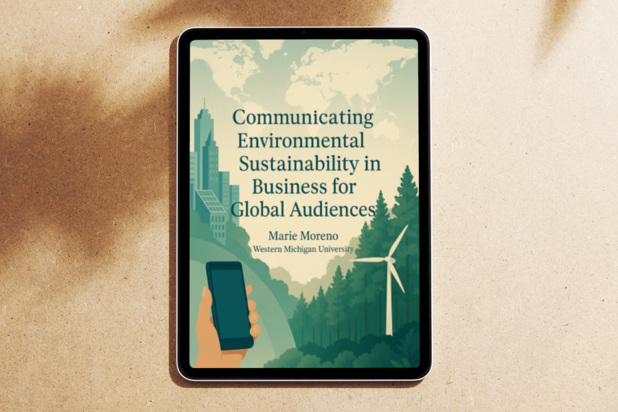 The cover of Communicating Environmental Sustainability in Business for Global Audiences is display on a tablet