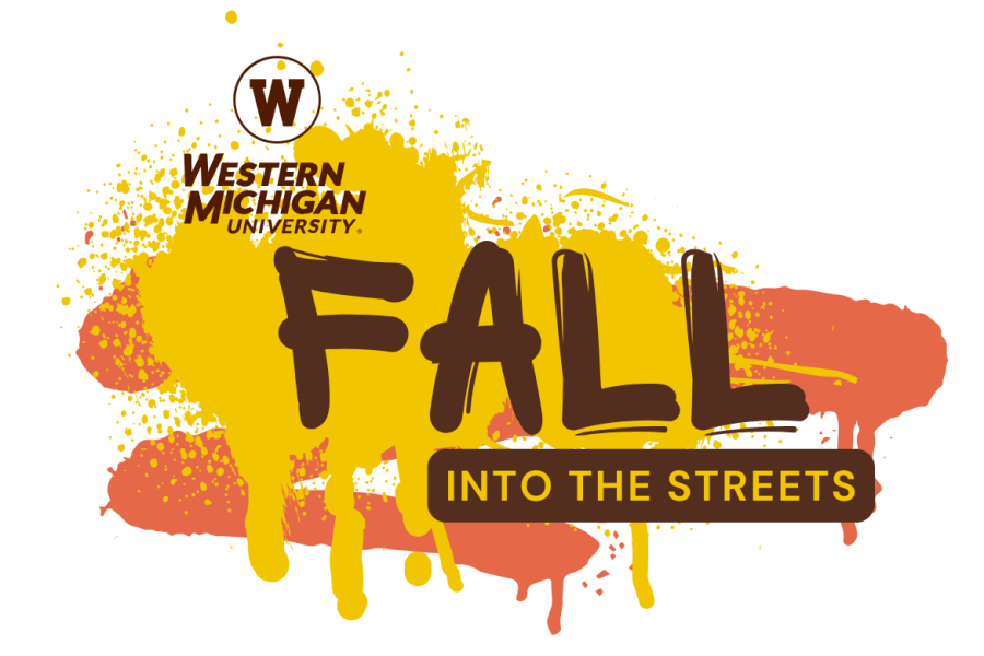 Western Michigan University graphic with 'FALL INTO THE STREETS' over a yellow-orange splatter background.