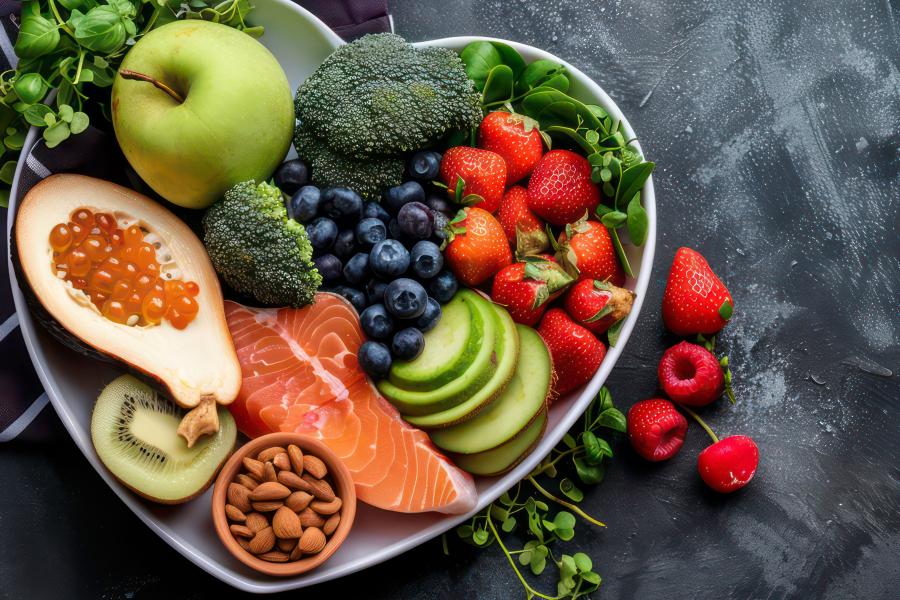 Platter with strawberries, green apple, avocado, fish, nuts, blueberries, broccoli, cucumber and greens