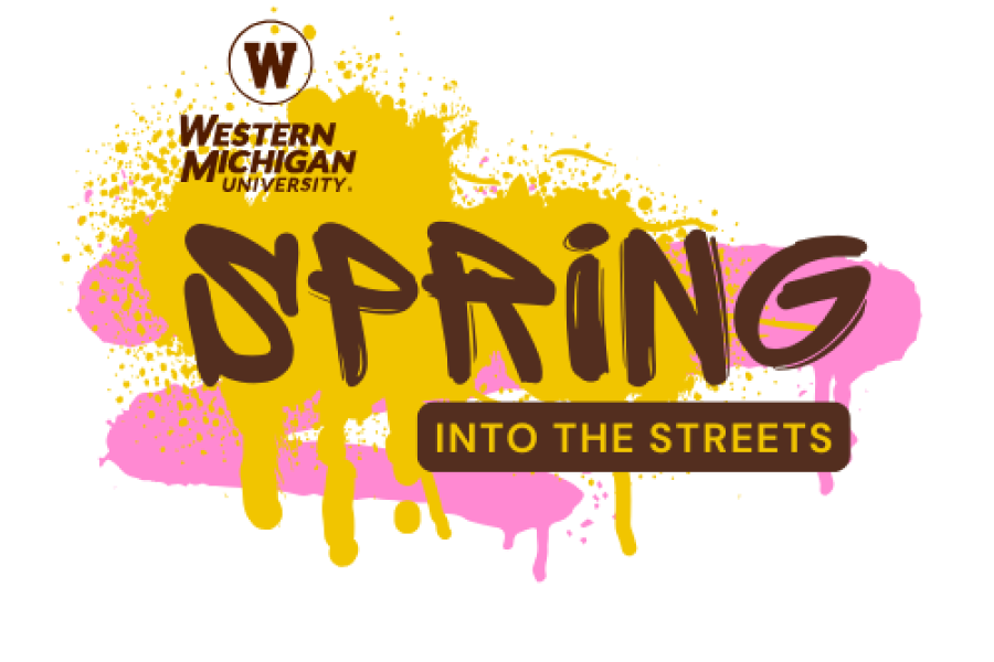 Western Michigan University graphic with 'FALL INTO THE STREETS' over a yellow-pink splatter background.