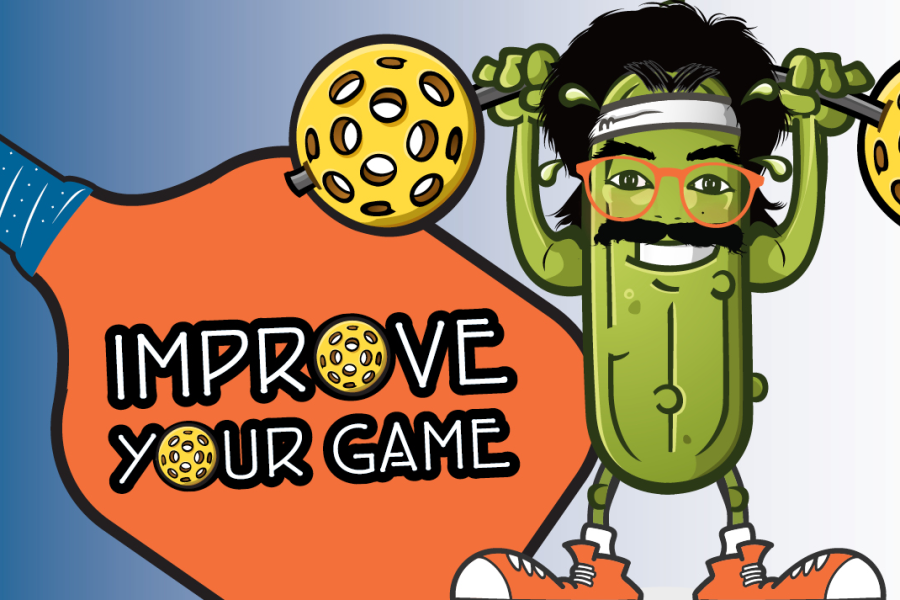 Pickle cartoon holding a dumbbell with Pickleballs for weights