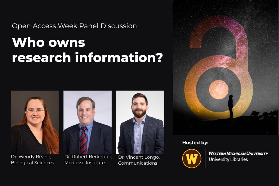 Photos of Dr. Wendy Beane, Dr. Robert Berhofer, and Dr. Vincent Longo with text that reads Open Access Week Panel Discussion, who owns research information?