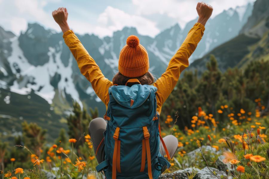 Person in gold jacket and hat and blue back pack with their arm stretched out in victory with a mountain scene in front of tee;e