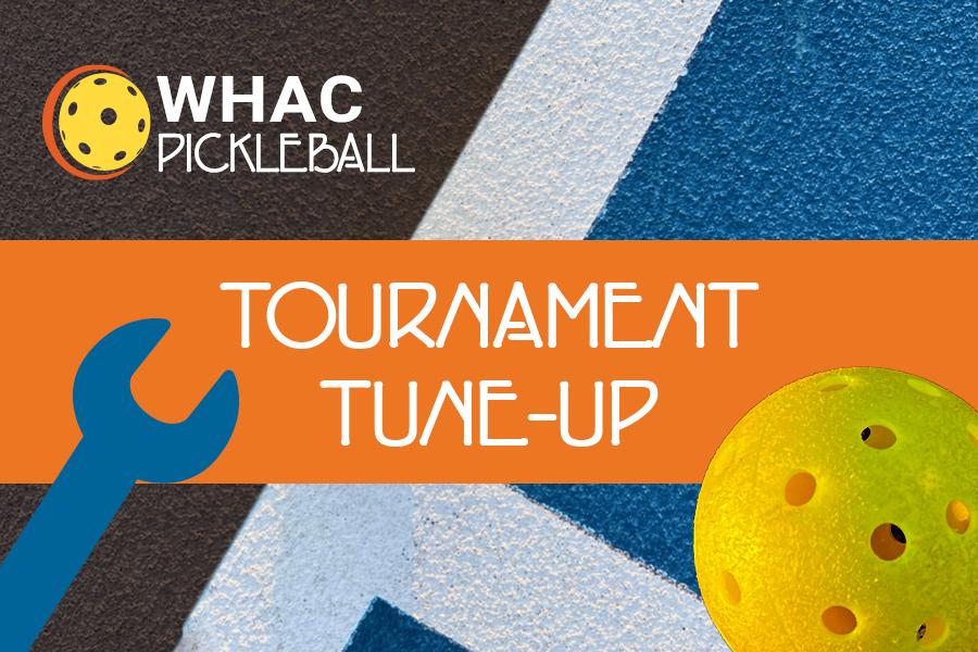 Tournament tuneup with the pickleball court in the background and a yellow pickleball and a blue wrench