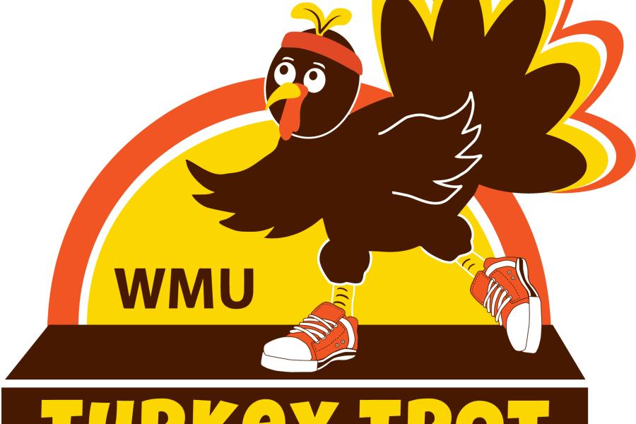 Turkey Trot main general logo with a cartoon like turkey running with tennis shoes on a street and a sunrise behind him