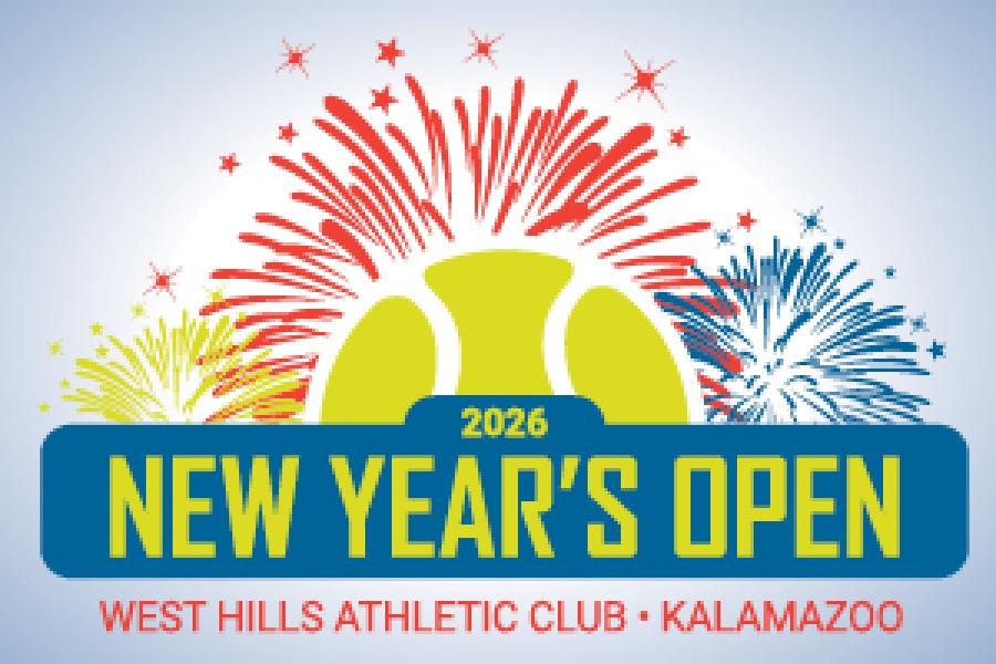 Red, blue and green fireworks behind the New Years Open Tennis Tournament logo