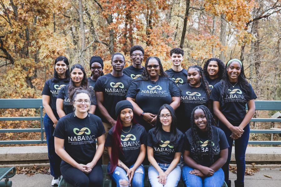 NABA Inc. at WMU student members pose together outdoors in matching organization t-shirts during fall semester.