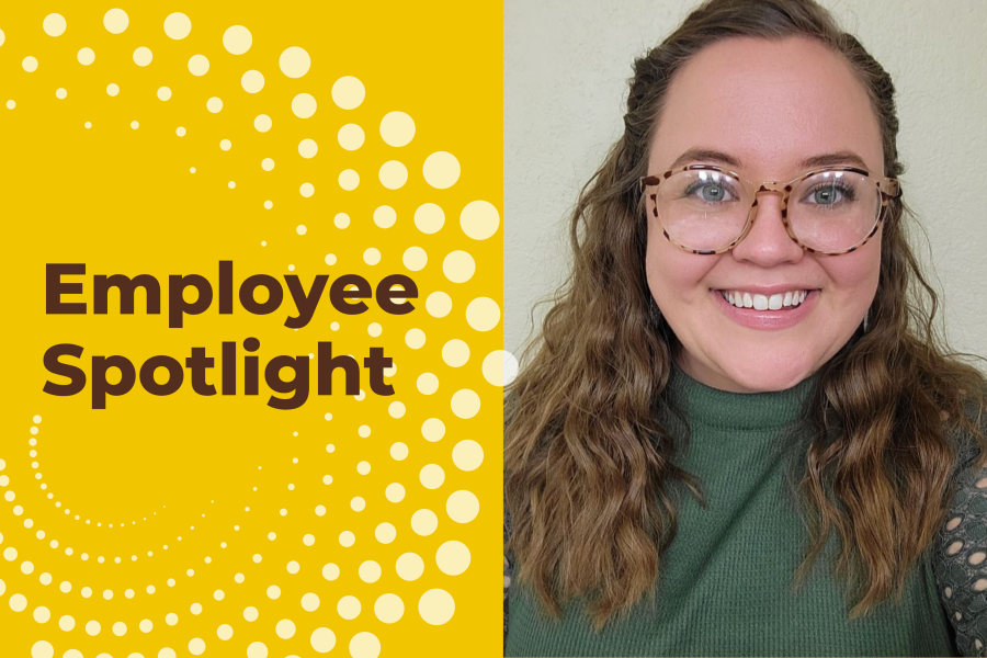 A photo of Meredith Farrer with text saying Employee Spotlight
