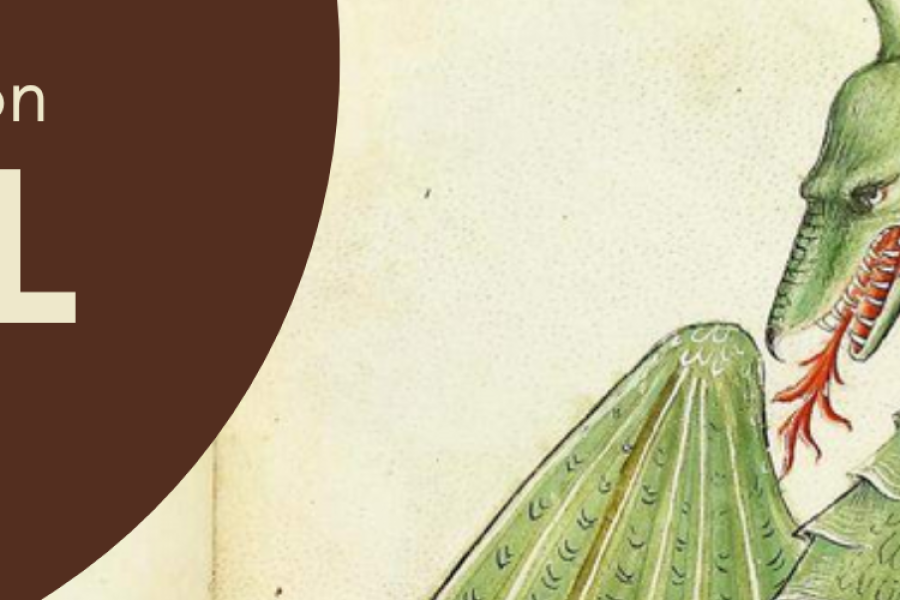 Illustration of a green dragon with an open mouth, tongue sticking out, two wings and a tail, with the text "61st International Congress on Medieval Studies" to the left
