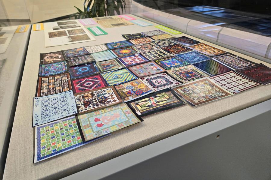 Exhibit about quilts at Waldo Library. 