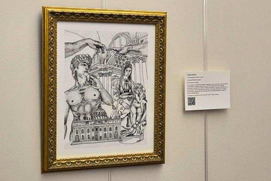 Micron pens on paper art honoring Michelangel's legacy of dynamic, lifelike figures featured in Waldo Library's student exhibit..
