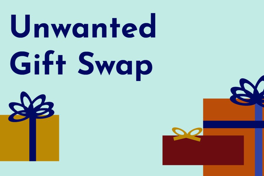 Two gifts on a blue background with text reading Unwanted Gift Swap.