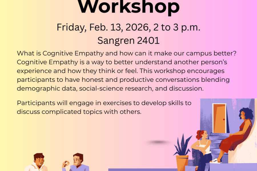Black text on multi-colored background with various human figures talking to each other in pairs. Cognitive Empathy workshop Friday, Feb. 13, 2026, 2-3pm, Sangren 2401.