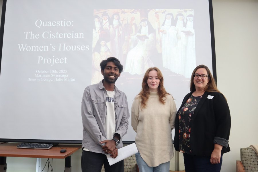 Benwin George, Halle Martin and Marianne Swierenga present their Cistercian Women’s Houses project at the Medieval Research Group’s Quaestio event in October 2025.