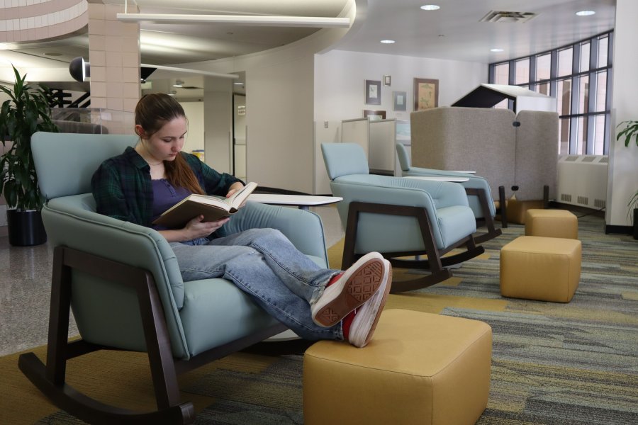 The newly-refreshed alcove in Waldo Library’s second floor rotunda offers great views, natural light and inviting furniture options. 