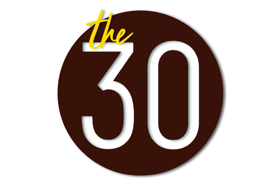 The 30 logo with a white background, brown and gold 