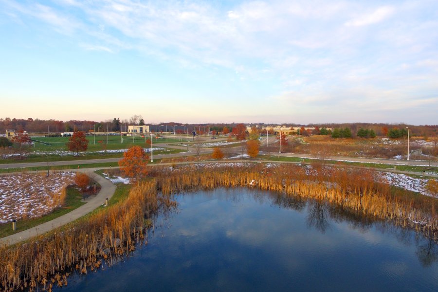 An aerial view of nature at BTR Park.