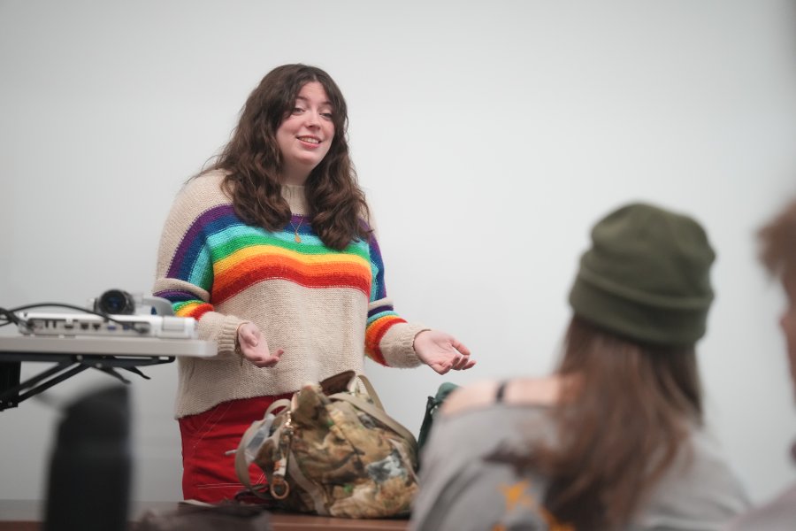 Graduate teaching assistant, Charlotte Keller, teaches ENGL 1050 at Dunbar Hall, which explores foundations in written communication.