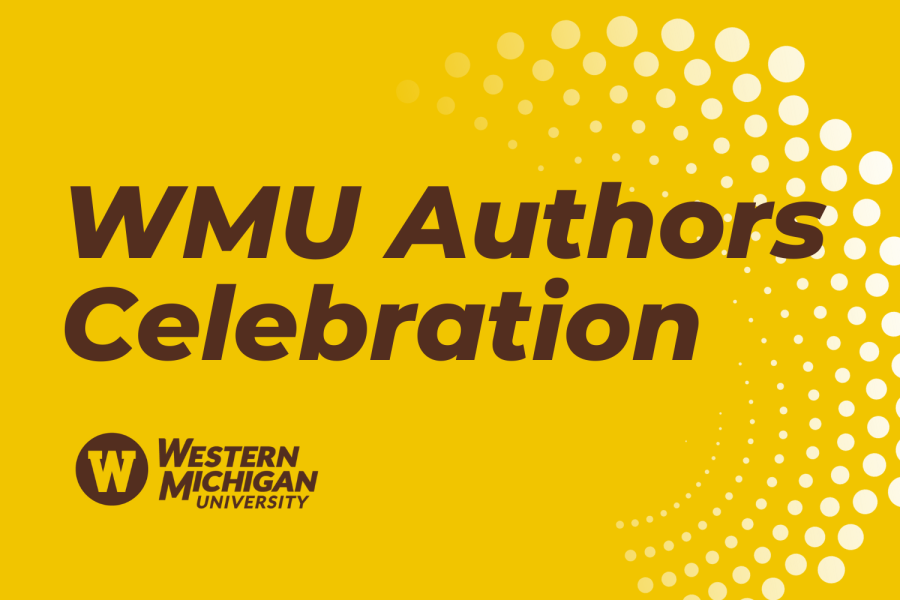 Gold background with brown text that reads "WMU Authors Celebration" and the Wester Michigan University logo.